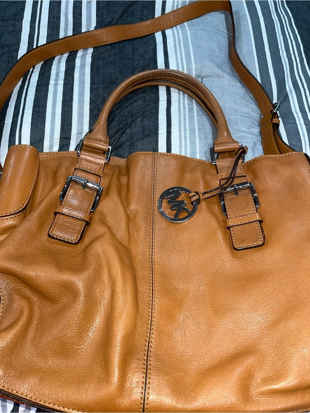 Michael Kors Cognac Leather Shoulder Bag with MK Logo Charm